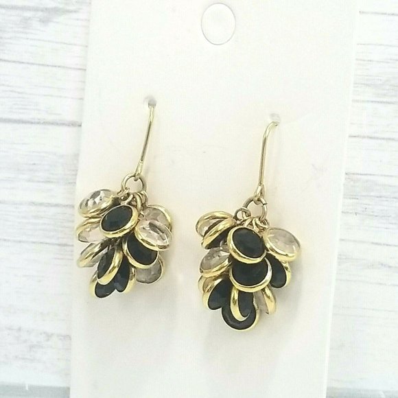 Monet Signed Gold Tone Dangle Earrings Faceted Black Clear Beaded Cluster K2 - Picture 2 of 5